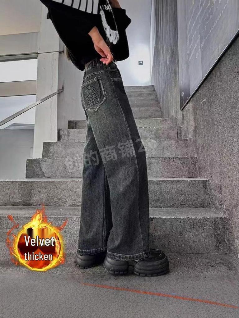 Modische Mädchen-Winterhose 2024 mit Fleecefutter - Herbstliche gerade Jeans mit weitem Bein für größere Kinder