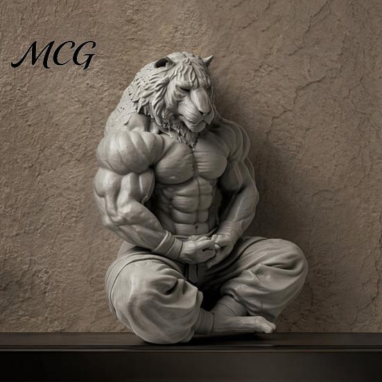 Soft Furnishing Accessory 3D Printed Tiger Man Figurine, Muscular Figure Ornament, Minimalist Animal Sculpture with Details, Zen Posture Desktop Decor