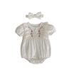 Cotton Baby Girl Short Sleeve Romper with Floral Embroidery Round Neck One Piece Outfit for Summer