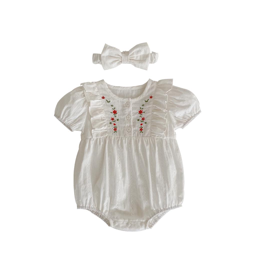 Cotton Baby Girl Short Sleeve Romper with Floral Embroidery Round Neck One Piece Outfit for Summer