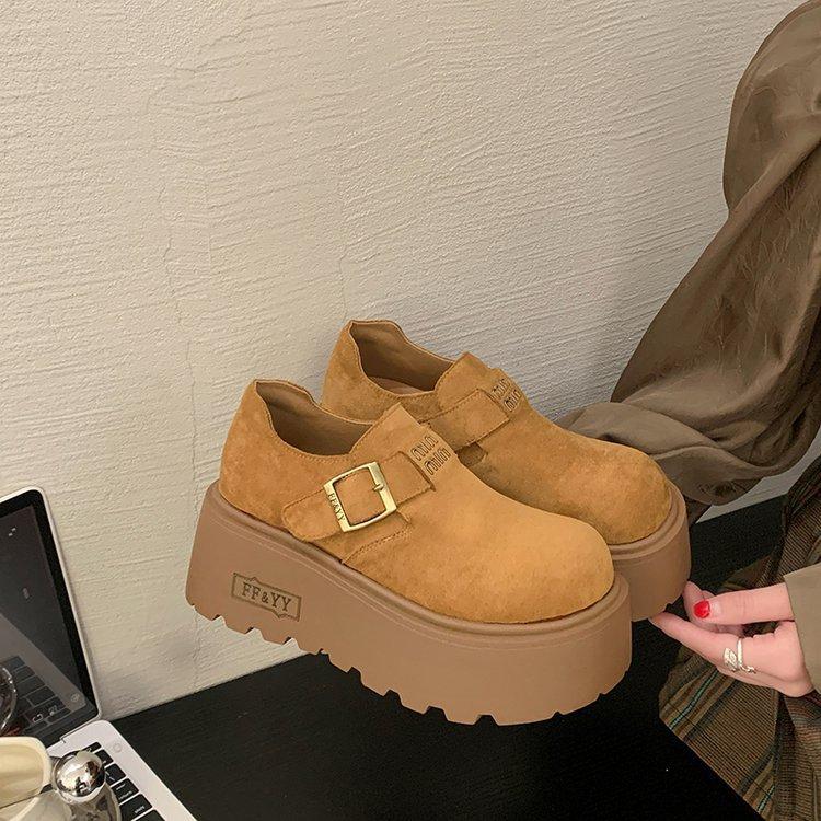 Suede muffin thick-soled Boken shoes for women's 2025 early spring new models, small people increase in height, round head and one pedal, loafers.