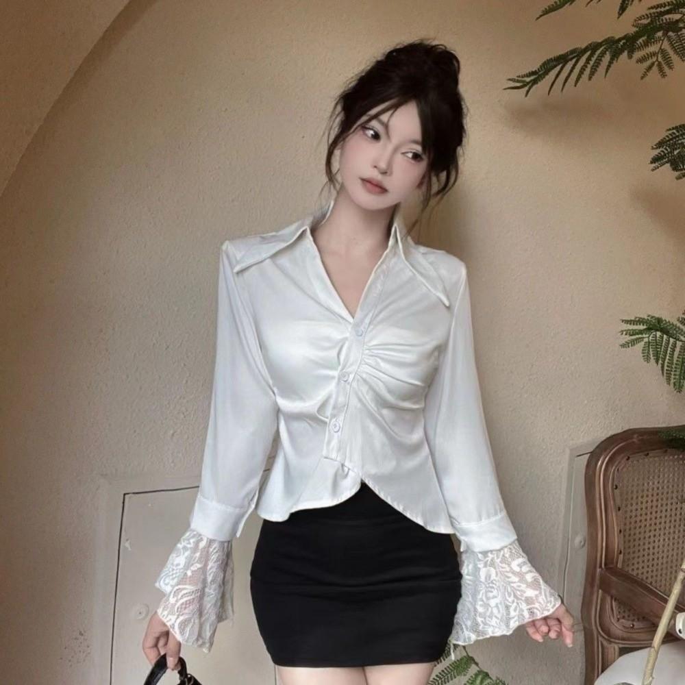 V-neck Lace Long Sleeve Shirts Lace Clothing Sleeves Slim Buttons Shirts Korean Style Blouse Women