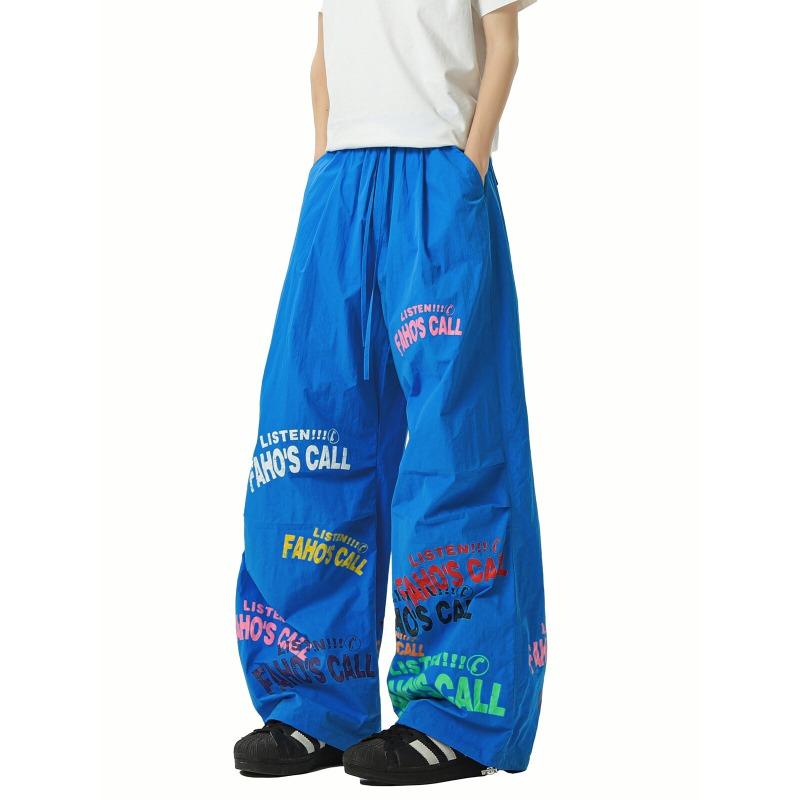 

Homemade simple letter-printed drawstring wide-leg pants men s and women s loose casual paratrooper pants slim trousers version S синий