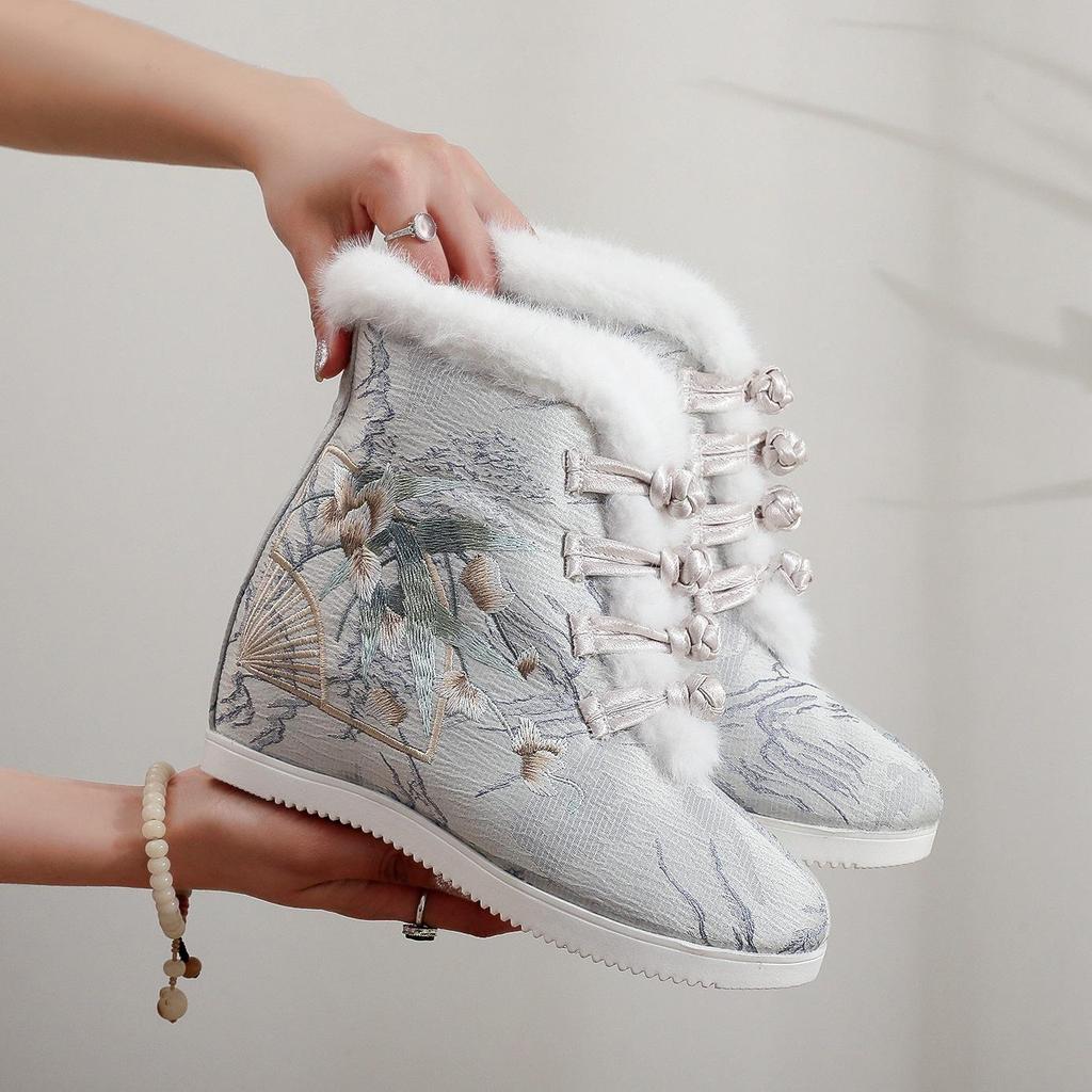 Winter Warm Snow Boots for Women Platform Slip On Faux Fur Lining Ankle Booties Shoes Women's Comfortable Embroidered Fleece Lined Walking Short Boots