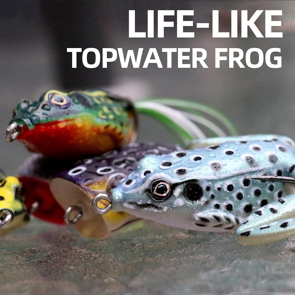 RUNCL Topwater Frog Lures 5PCS, Durable Lifelike Silicone Bass Bait, Floating Realistic Frog Lures Kit for Freshwater Saltwater, Topwater Fishing