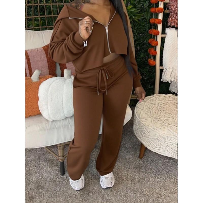 Womens 2025 Winter Solid Color Crewneck Hoodie Pants Set Casual Streetwear Two-Piece Outfit