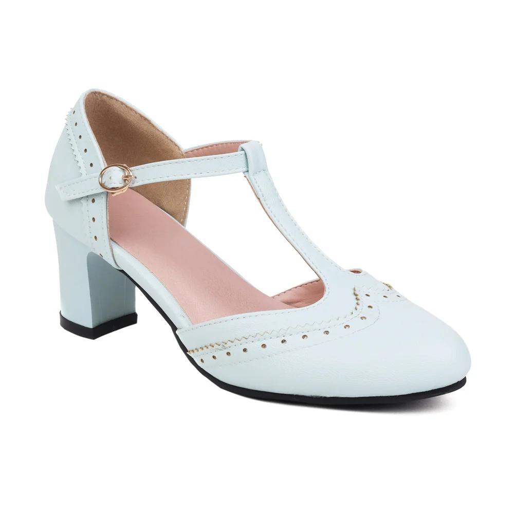 Fashion Lady Fashionable Single Shoes T-Strap Buckle Sweet Blue Pumps 6.5CM Heel High Heels Zapatos Party Wedding Women Mary Janes Shoes