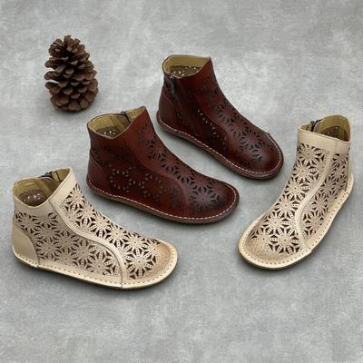 Stivali Estivi Artigianali Vintage in Vera Pelle Punta Tonda Piatta Traspiranti Traforati Scarpe da Donna