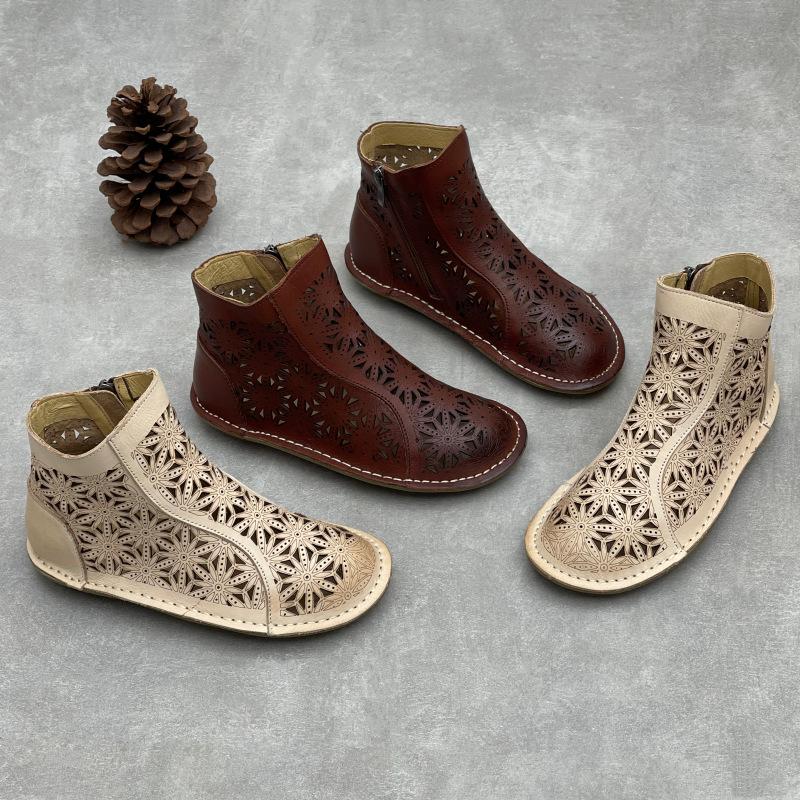 Johnature Stivali Estivi Artigianali Vintage in Vera Pelle Punta Tonda Piatta Traspiranti Traforati Scarpe da Donna