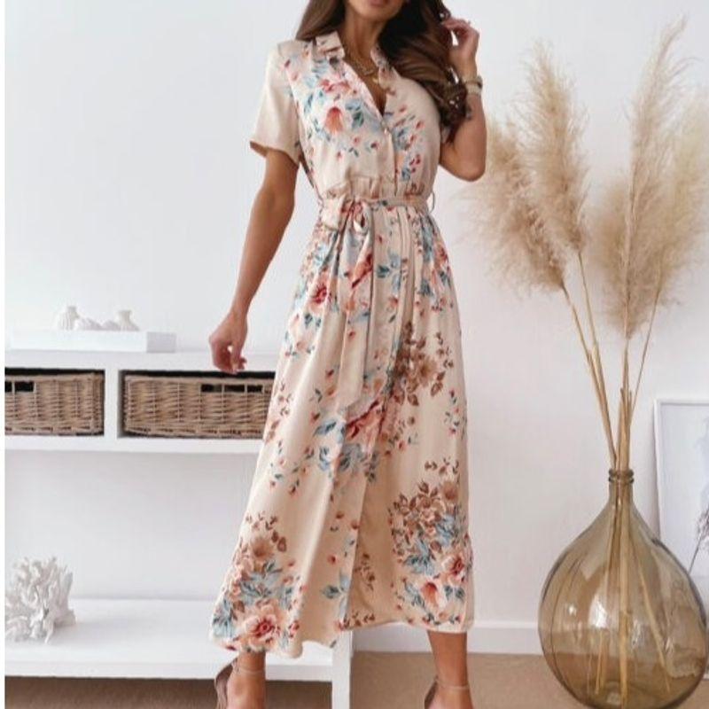 

Polo Summer Single-Breasted Large Flower Short Sleeve Dress Apricot 2XL