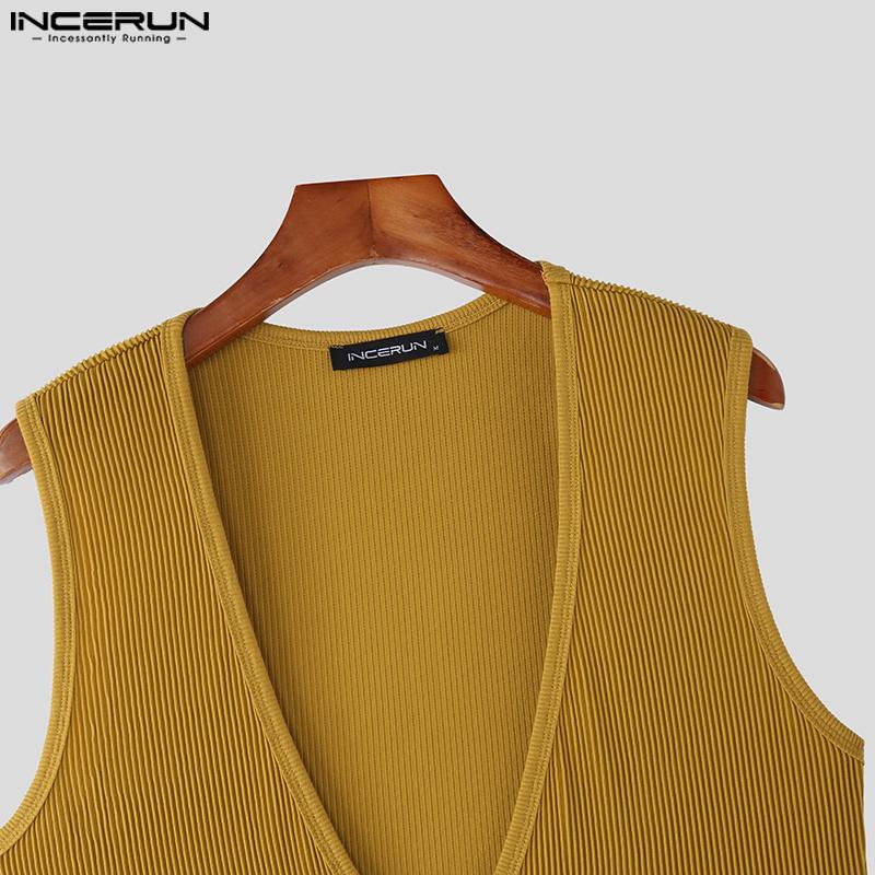 INCERUN Summer Men Deep V Sleeveless Solid Casual Fitted Rib Tank Tops Undershirts