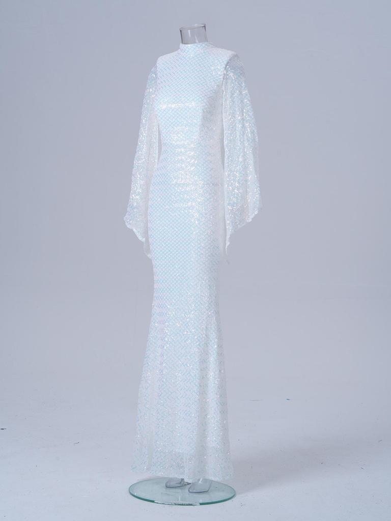 Elegantes Pailletten-Abendkleid mit Rundhalsausschnitt und langen Ärmeln für Brautjungfern