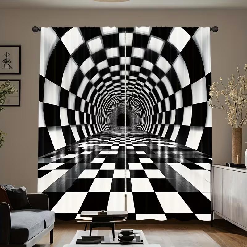 2Pcs Black and White Square Print Curtains,suitable for Bedroom,living Room Kitchen Decoration,home Decoration,window Decoration