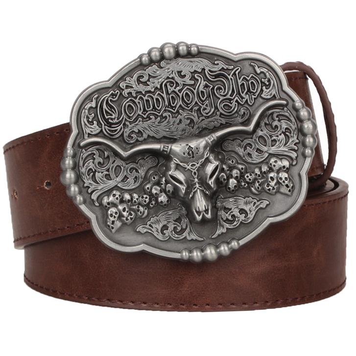 Wild West TEXAS Cowboy Belt Bull Skull Head Metal Buckle American Texan Pride Fashion Waistband For Men