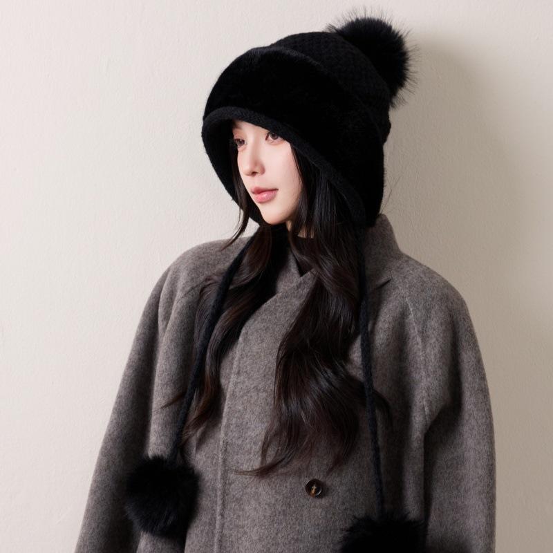 Winter Thickened Warm Ear Cap Women's Plush Big Hairball Knitted Hat Outdoor Windproof and Cold-proof Plush Hat