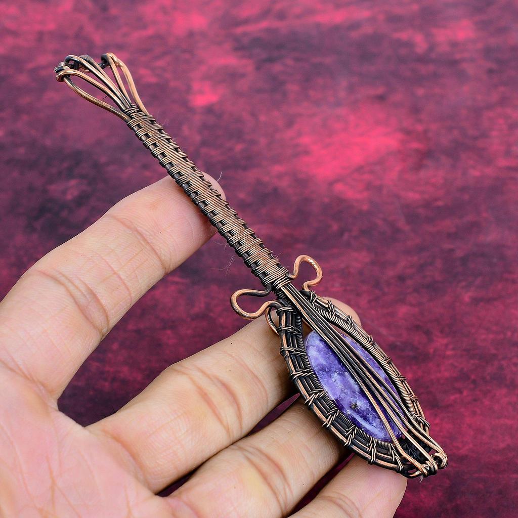 Lepidolite Pendant Copper Wire Wrapped Guitar Pendant Gemstone Handmade Jewelry