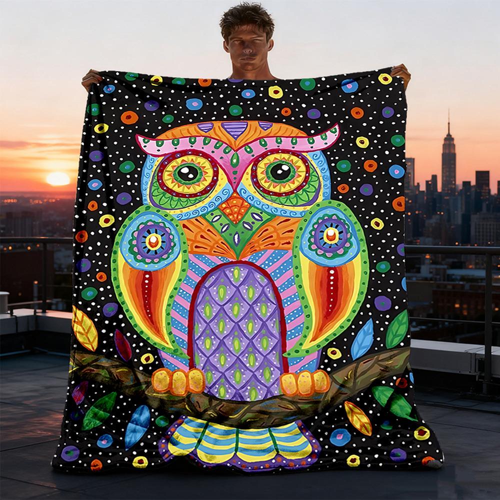 1pc Colorful Owl Art Print Print Outdoor Blanket, Lightweight Polyester,
