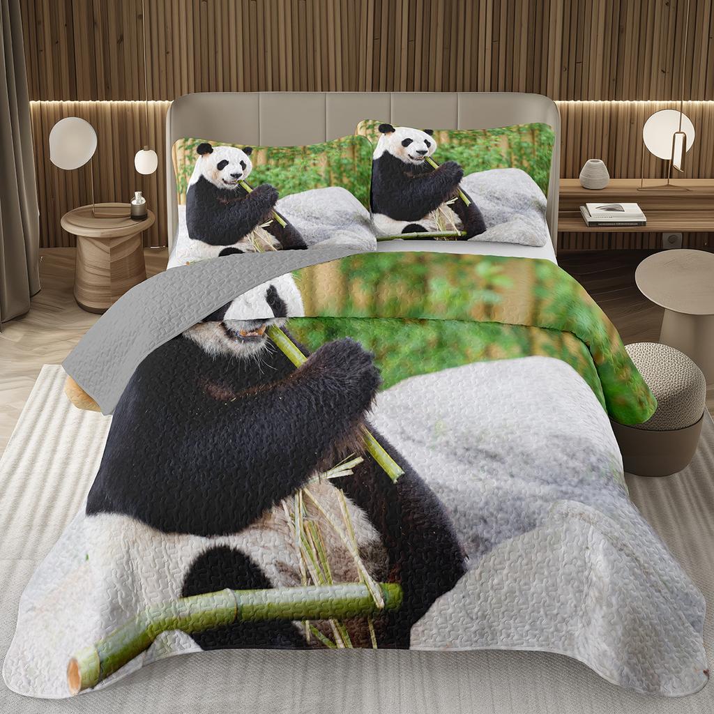 White And Black Panda Bedspread Set Kawaii Bamboo Botanical Twin Quilt Set Cute Panda Themed Coverlet Wild Animal Bedding Set