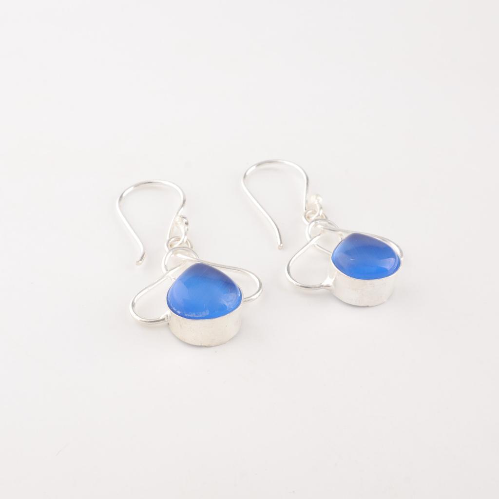 Dark Blue Cat's Eye Gemstone 925 Stamped Silver Jewelry Handmade Earrings 1.50" EE-2-46