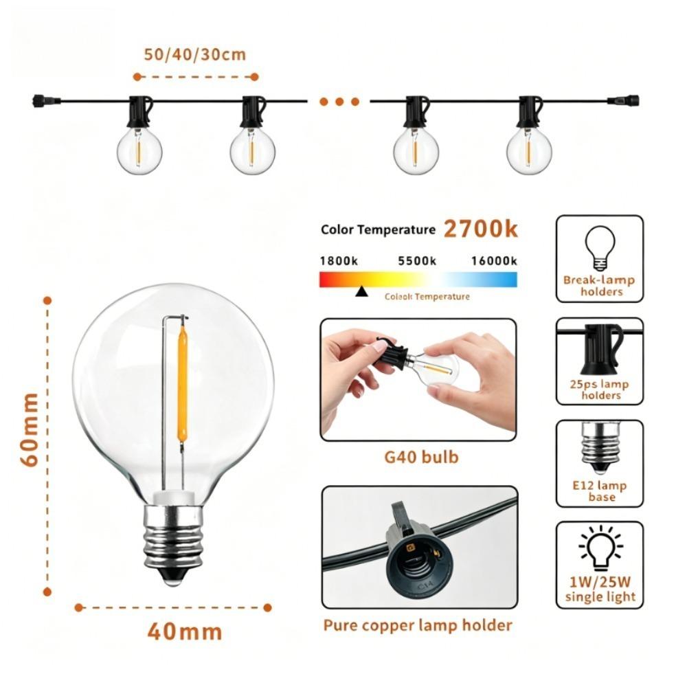 Solar String Lights Outdoor with Remote LED Shatterproof Bulbs Dimmable G40 Solar String Lights for Outside Backyard Party Decor