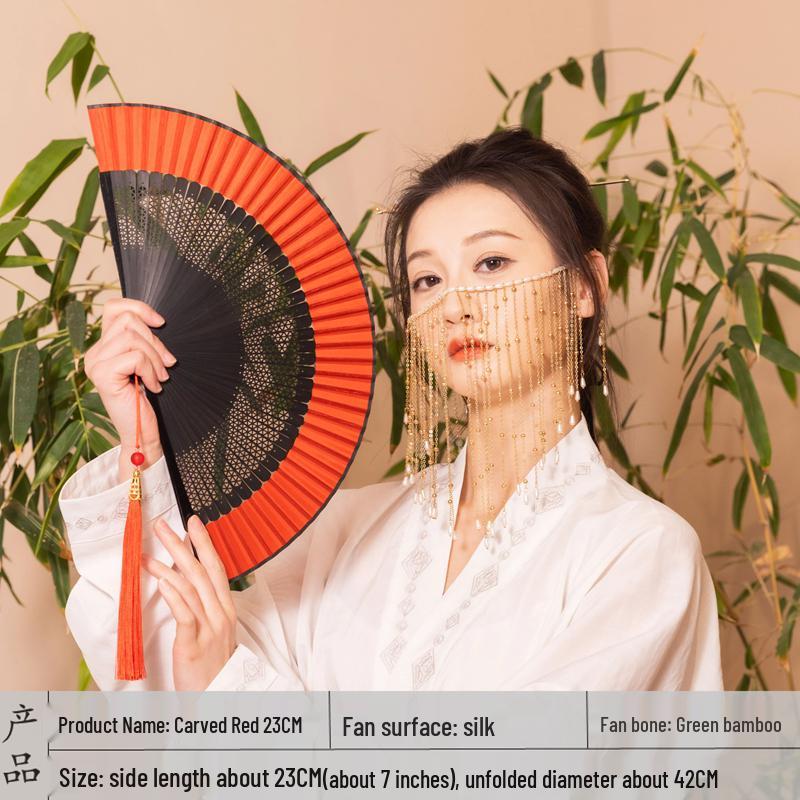 Red Ancient Style Chinese Folding Dance Fan - Easy To Open & Close, Perfect for Hanfu, Cheongsam, and Runway Shows