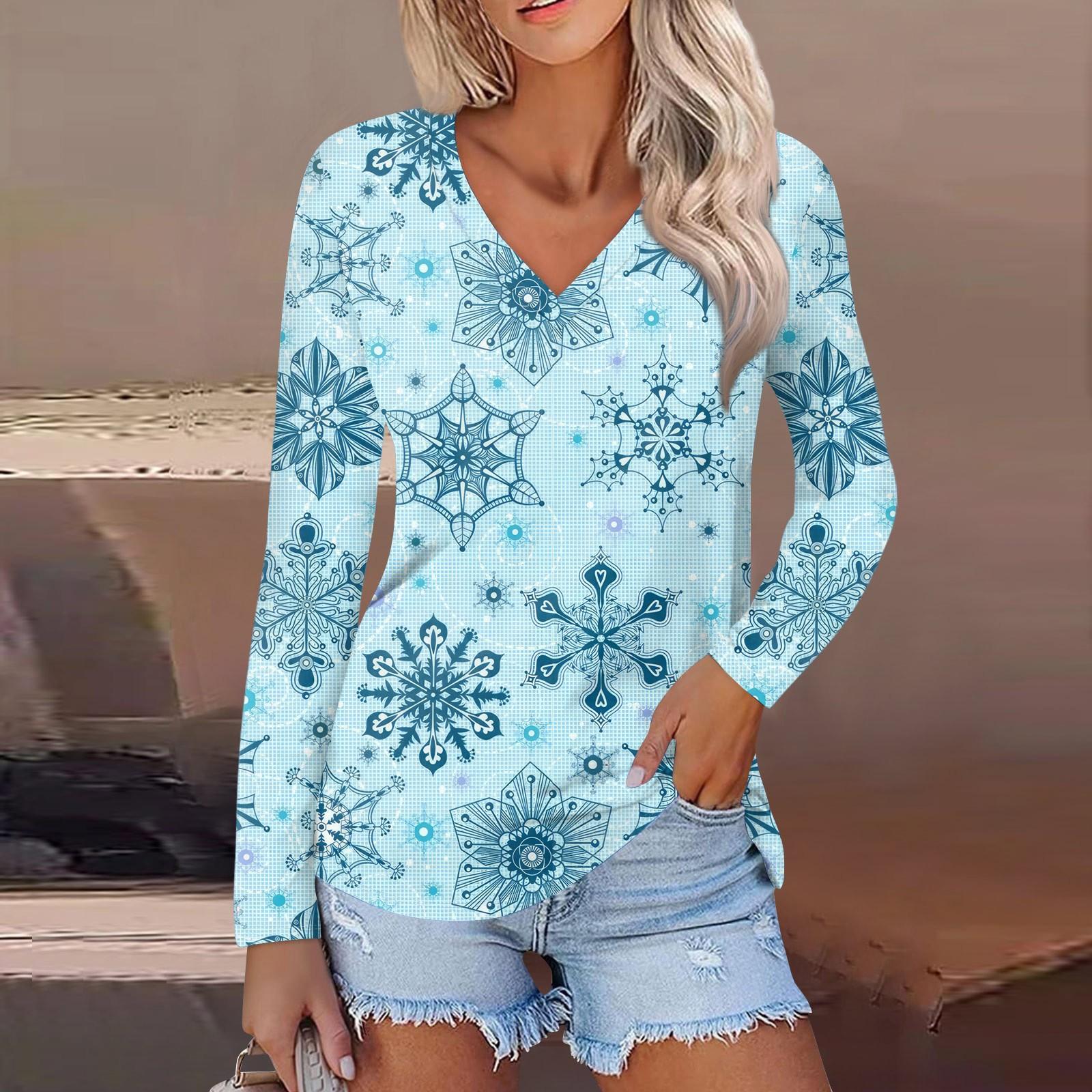 

Женский повседневный модный сексуальный удобный рождественский принтованный топ с V-образным вырезом и длинными рукавами L