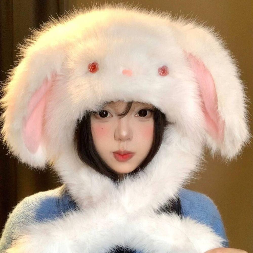 Little Rabbit Rabbit Ears Warmer Hat Anti-cold Fluffy Ear Protection Cap Winter Plush Hat  Women