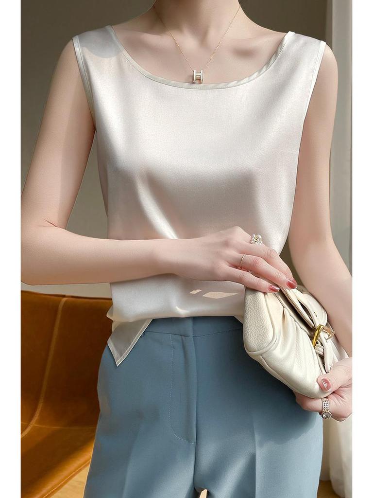 Women's Sleeveless Summer Silk Camisole - Loose Fit, Round Neck, Mulberry Silk Base Layer Top