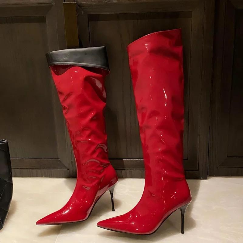 

Fashion Eilyken Winter Patent Leather Thin High Heels Knee-High Boots Women Fashion Pointed Toe Wedding Party Pumps Shoes 35 красный