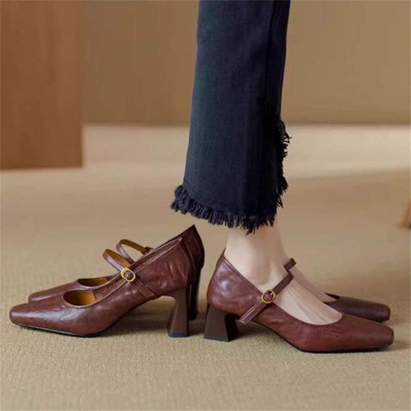 Soft Sheepskin High Heels For Women Black 2026 Spring French Retro Square Toe Thick Heel Shallow Mouth Women Single Shoes