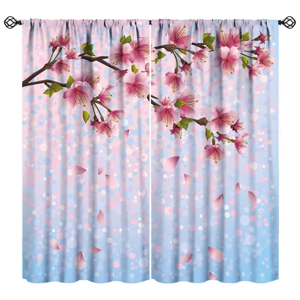 Floral Curtain Spring Romantic Pink Cherry Blossom Print Curtains Girls Women Bedroom Living Room Kitchen Decor With Light Blocking Polyester Perfect