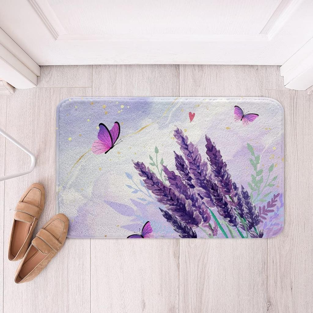 Purple Flowers Rug Watercolor Lavender Carpet Romantic Floral Doormat for Girls Teen,Wild Country Style Garden Flower Floor Mat
