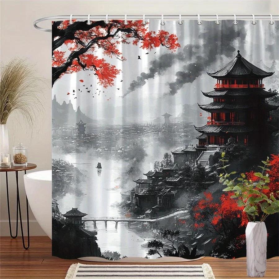 

1Pc Asian Cityscape Shower Curtain - Misty Pagodas, Red Tree & Bridge Design With Striking Red Accents, Durable Polyester Fab W60H190(CM)-1 Pcs