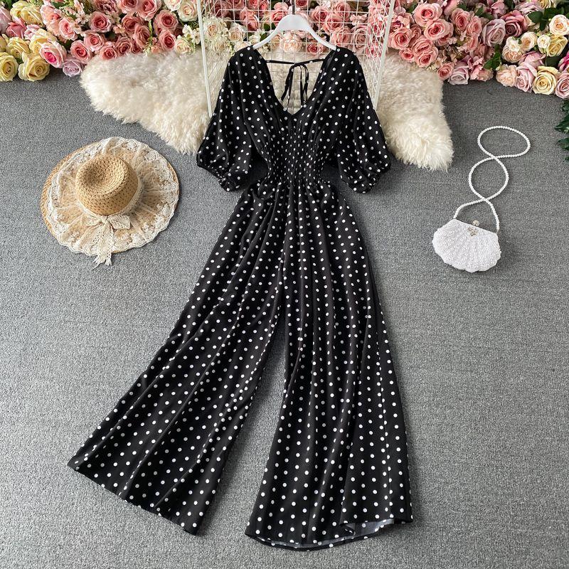 

Весна 2024 Новинка Элегантный комбинезон в горошек с V-образным вырезом, с высокой талией, на шнуровке, с короткими рукавами-буфами, с широкими брюками, комбинезон для женщин Black One size