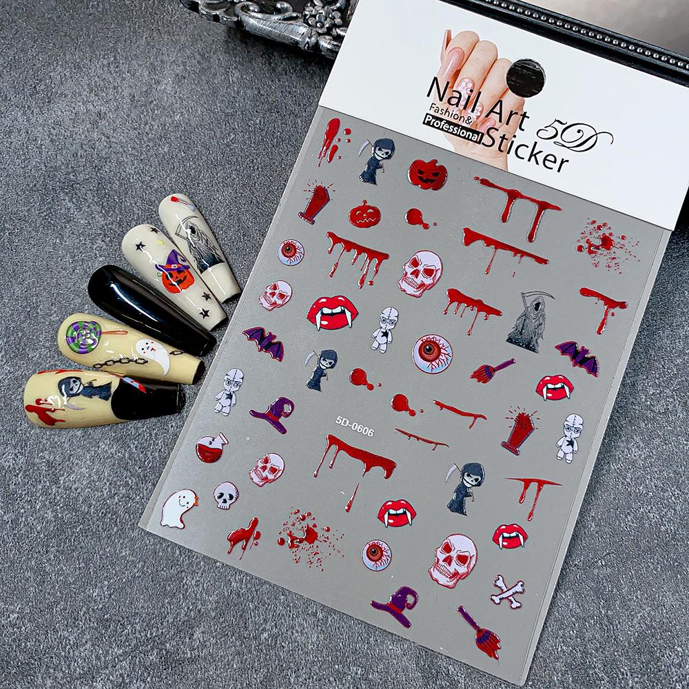 1pcs Bloody Hand Halloween Nail Sticker 5D Embossed Scary Blood Red Blood Nail Decals Halloween Party Self Adhesive Nails Decora