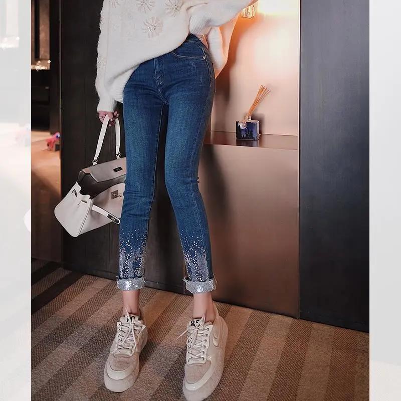 Women Spring Autumn Korean Vintage Elastic Tight Denim Jeans Casual High Waist Pencil Pants