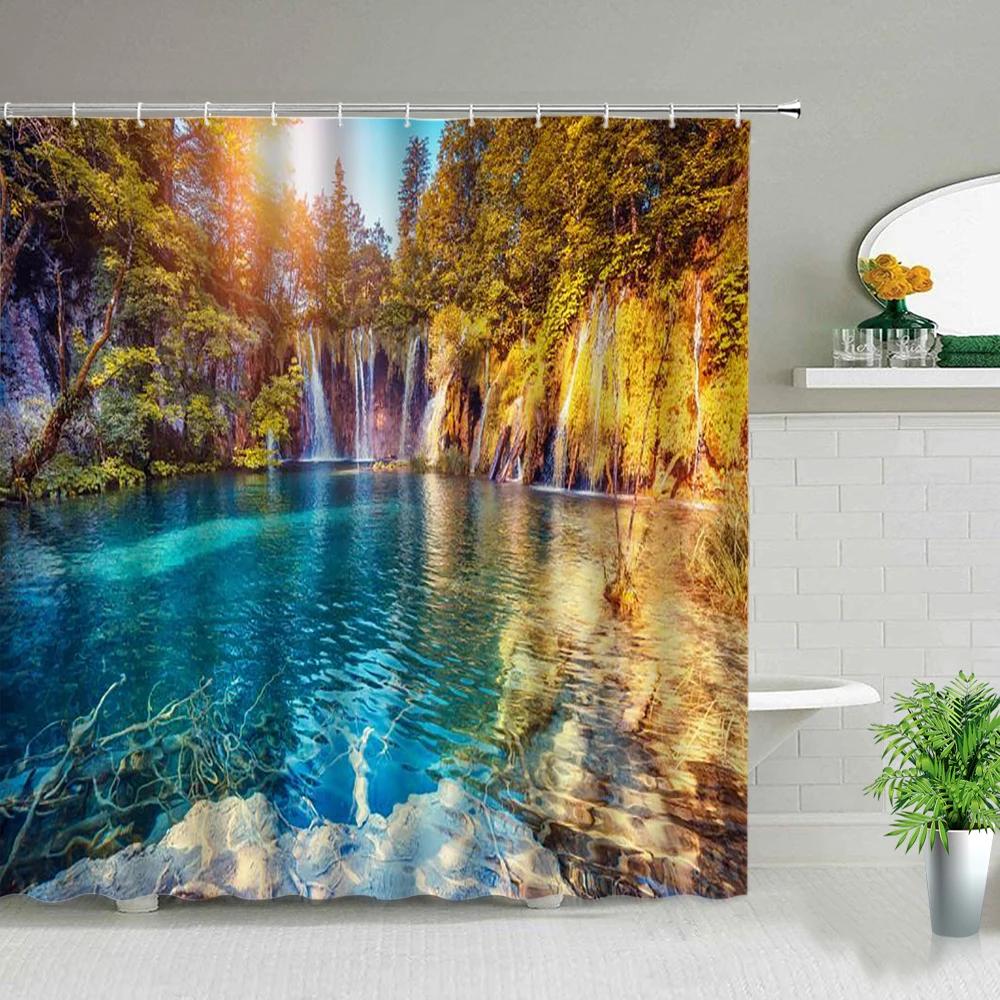 Natural Scenery Shower Curtain Set Waterfall Spring Landscape Home Bathtub Decor Waterproof Polyester Cloth Bathroom Curtains