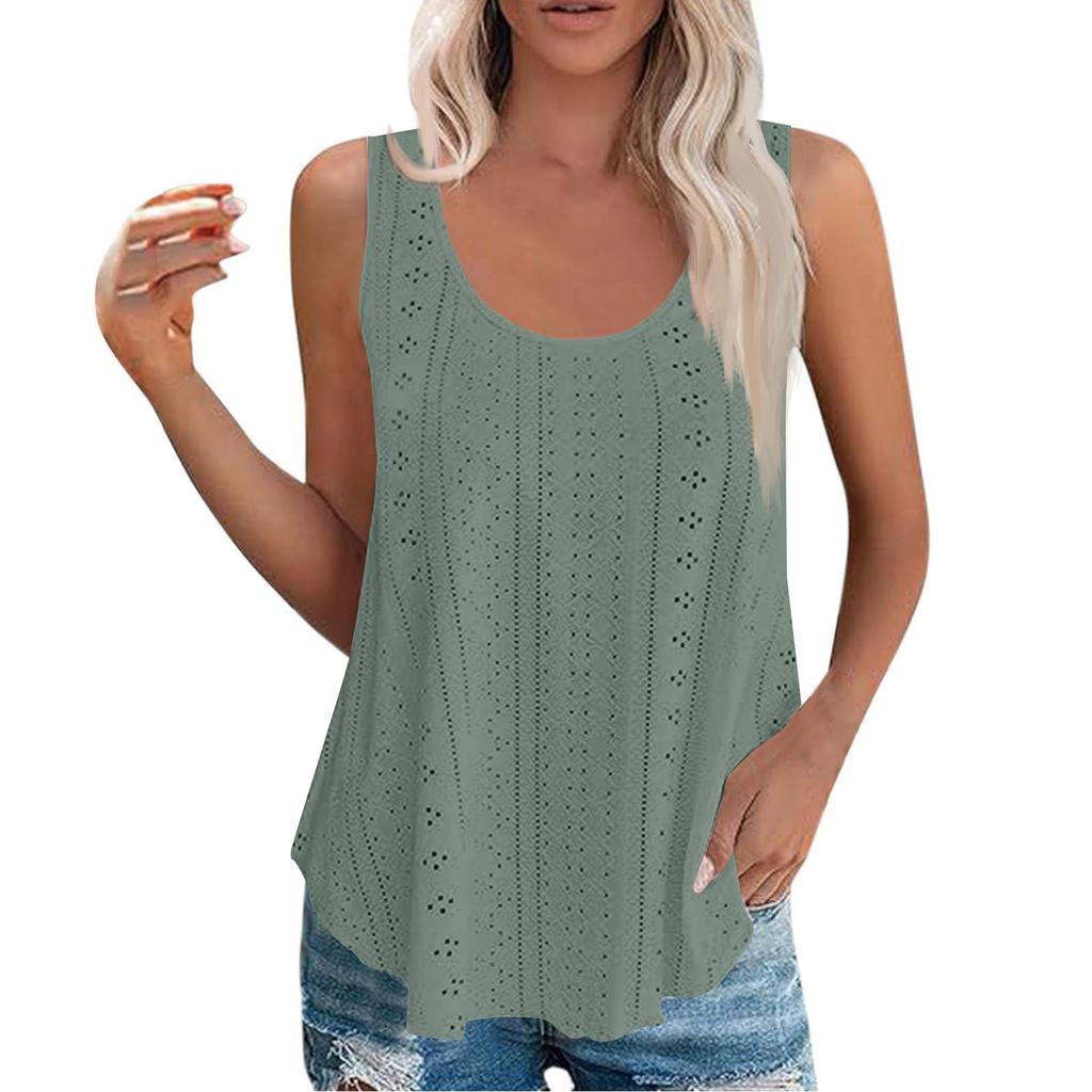 Sleeveless Eyelet Lace Tank Top for Women Casual Summer Scoop Neck Loose Fit Blouse Hollow Out Lightweight Shirt