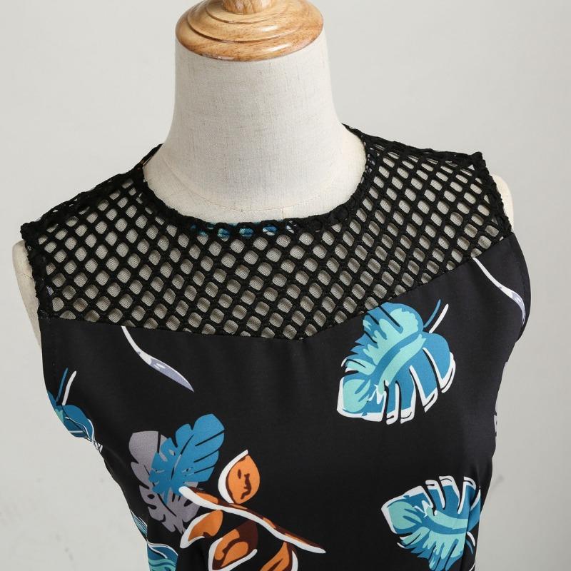 Eaby's New Retro Sleeveless Hollowed-out Gauze Leaf Printing Big Pendulum Dress