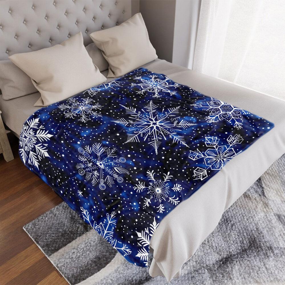 Winter Snowflake Blanket - Dark Blue Background with Intricate White Snowflakes & Whimsical Dots, Soft Cosy Printed Throw for