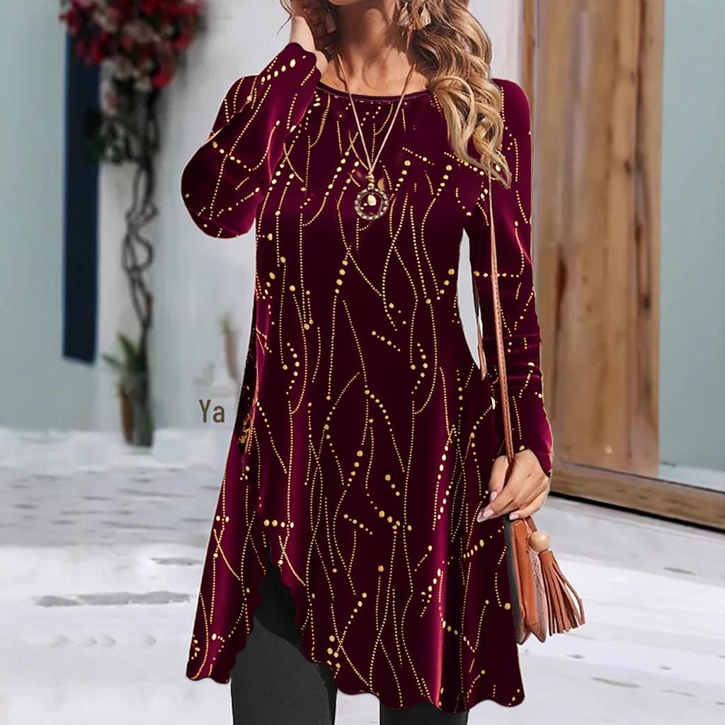 Elegant Cross-Border Women's Autumn/Winter Long-Sleeved Casual Print Dress