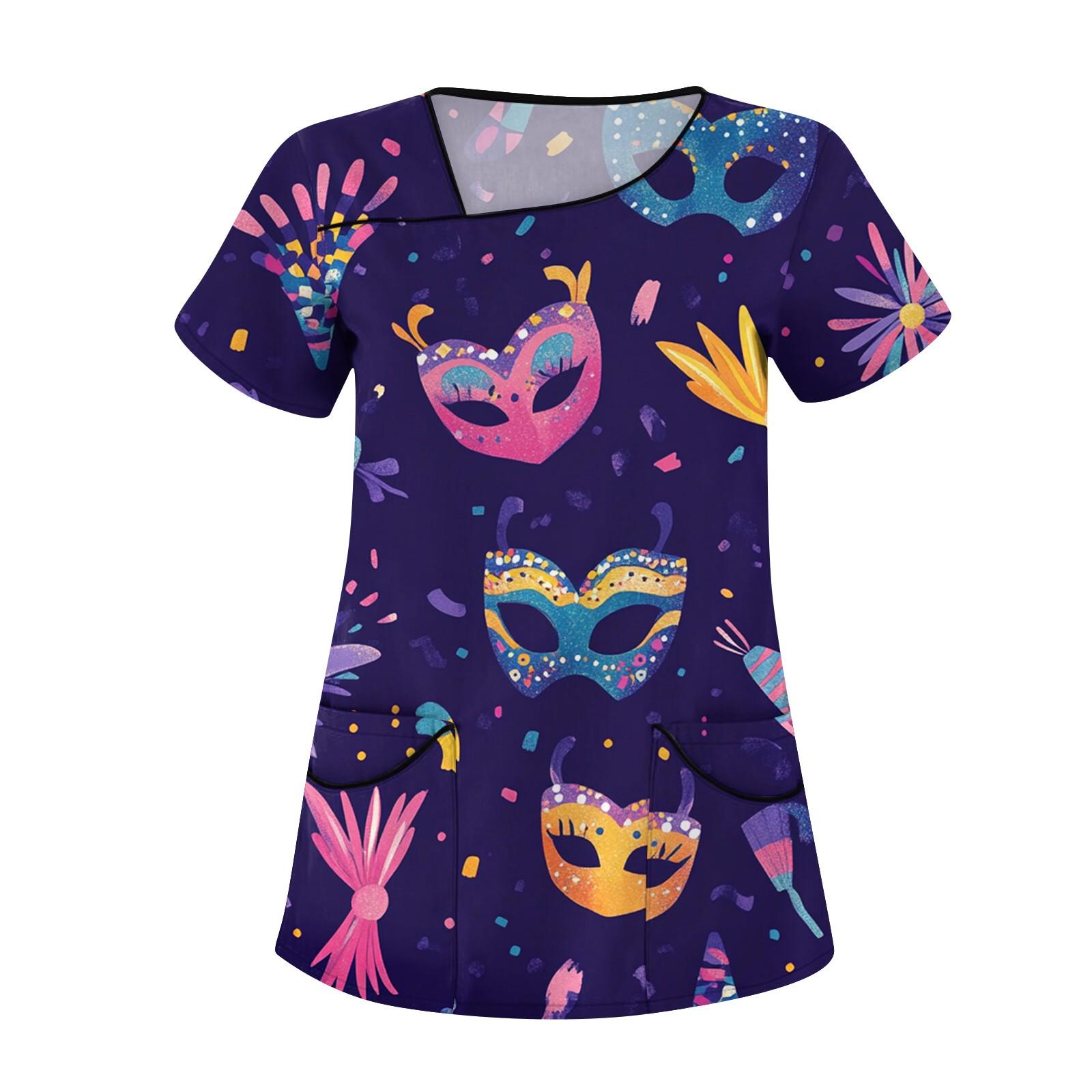 

Женская повседневная рабочая одежда с короткими рукавами и наклонным воротником с принтом и двойными карманами L темно-фиолетового