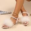 Fashion Women Sandals Fluffy Peep Toe Crystal Chunky Middle Heels Ladies Summer Shoes Fashion Buckle Sandalen Shoes for Women Designer