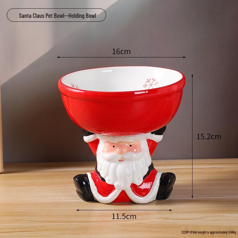 Santa Claus Ceramic Pet Bowl: Elevated Anti-Tip Design with Neck Protection for Cats and Dogs