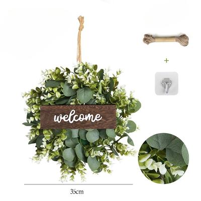35/45cm Green Eucalyptus Leaf Wreath Green Artificial Eucalyptus Wreath with Welcome Sign Front Door Wreaths for Door Wall Window Farmhouse Decoration