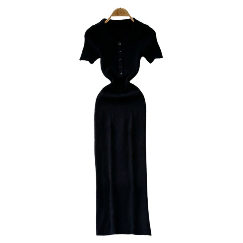 2024 Summer Korean New Elegance Retro Elegant Short Sleeve Polo Collar Waist-Tight Slimming Knitted Hip-Wrapped Dress