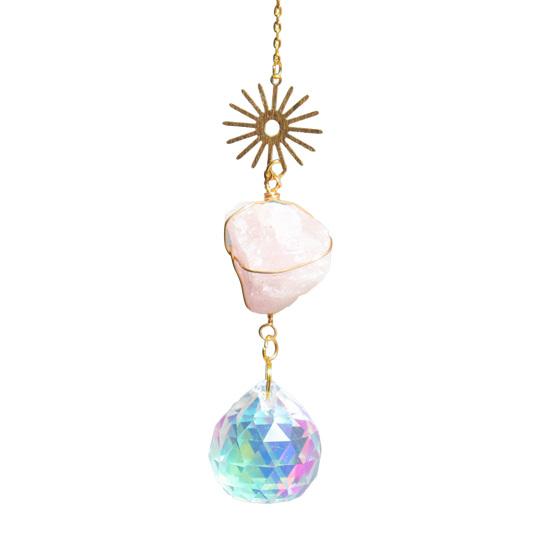 Crystal Sun Catchers for Windows, Colorful Healing Light Crystal Suncatcher, Prism Crystal Hanging Pendant with Chains, Gold-Plated Wind Chimes,