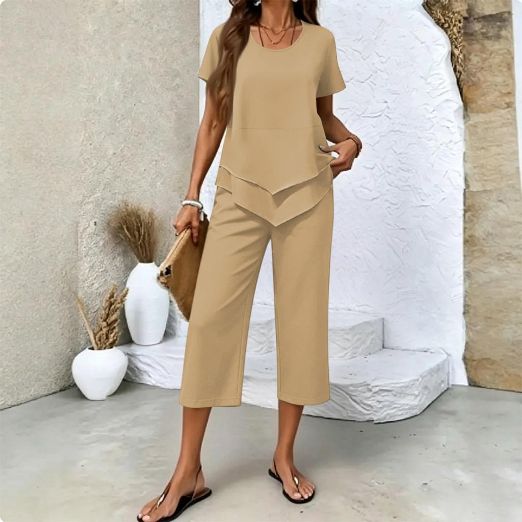 Women's Casual Two Piece Set Short Sleeve Round Neck Top with Layered Hem and Cropped Wide Leg Pants Comfortable Lounge Outfit