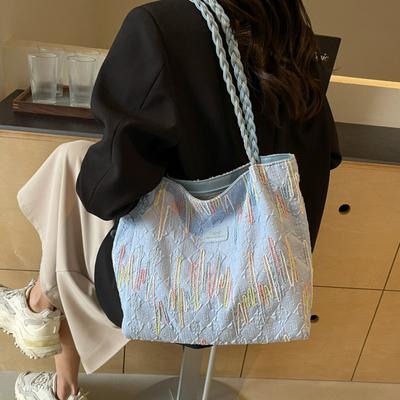 Student Class Canvas Bag Women's 2025 New Summer Shoulder Armpit Bag Striped Large-capacity Commuter Tote Bag