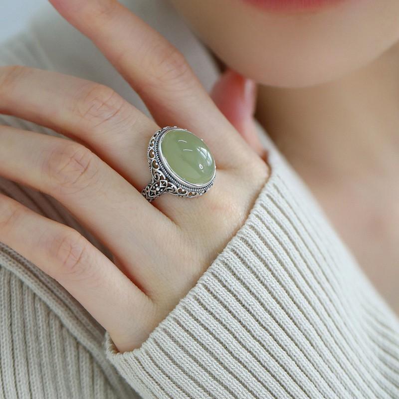 Adjustable Open Ring Women Men Vintage Chinese Style Hollow Oval Jade Inlay Bohemian Ethnic Minimalist Statement Jewelry